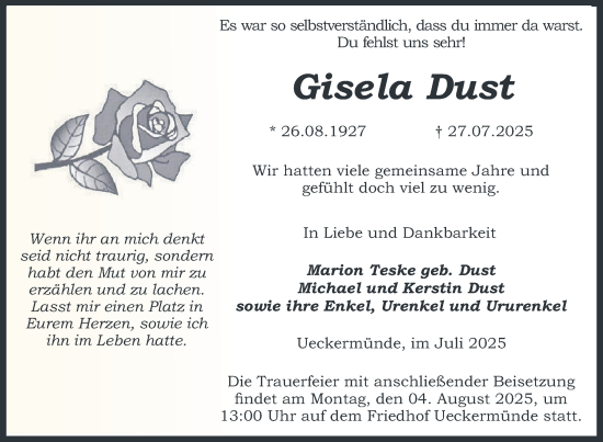 Traueranzeige von Gisela Dust von Nordkurier Mecklenburger Schweiz