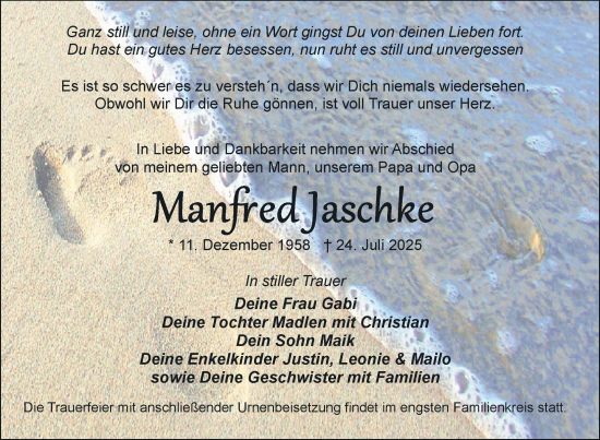 Traueranzeige von Manfred Jaschke von Nordkurier Mecklenburger Schweiz
