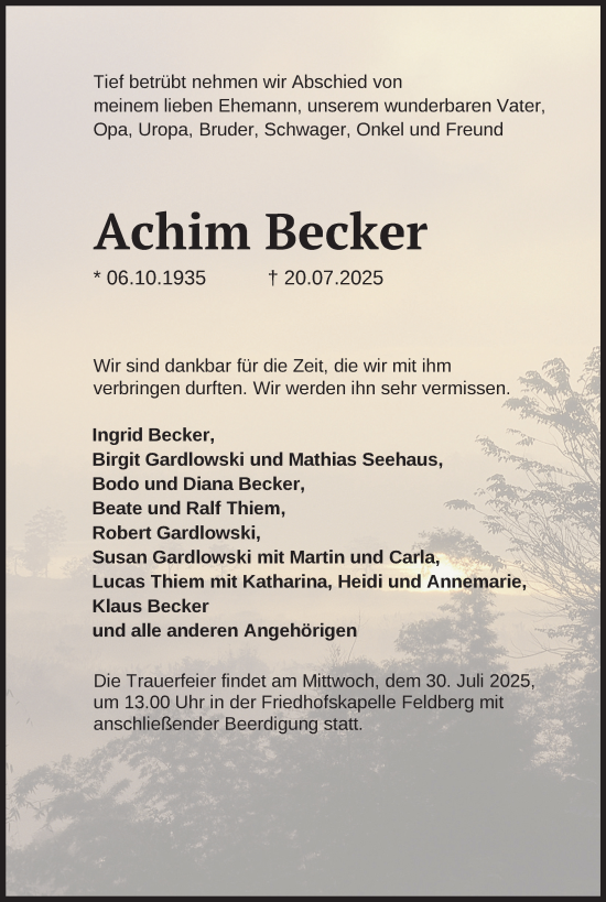 Traueranzeige von Achim Becker von Nordkurier Strelitzer Zeitung