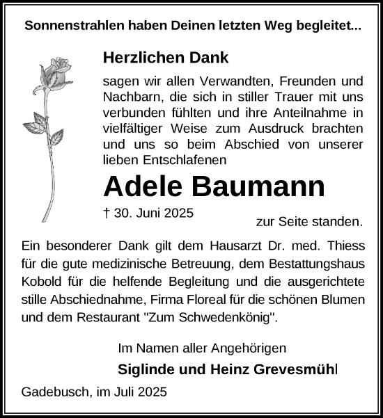 Traueranzeige von Adele Baumann von Gadebusch - Rehnaer Zeitung