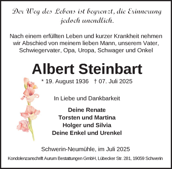 Traueranzeige von Albert Steinbart von Zeitung für die Landeshauptstadt