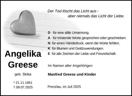 Traueranzeige von Angelika Greese von Uckermark Kurier Prenzlauer Zeitung
