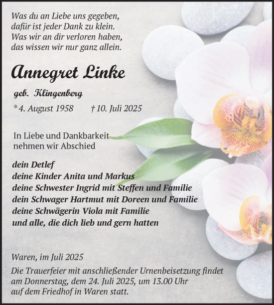 Traueranzeige von Annegret Linke von Nordkurier Müritz-Zeitung