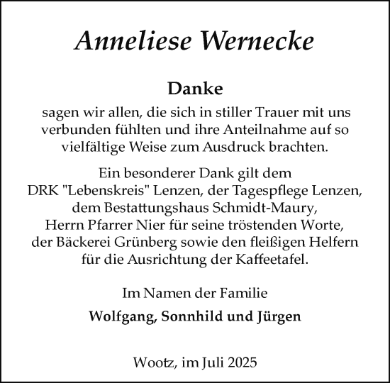 Traueranzeige von Anneliese Wernecke von Der Prignitzer
