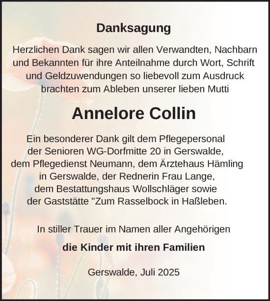 Traueranzeige von Annelore Collin von Uckermark Kurier Templiner Zeitung