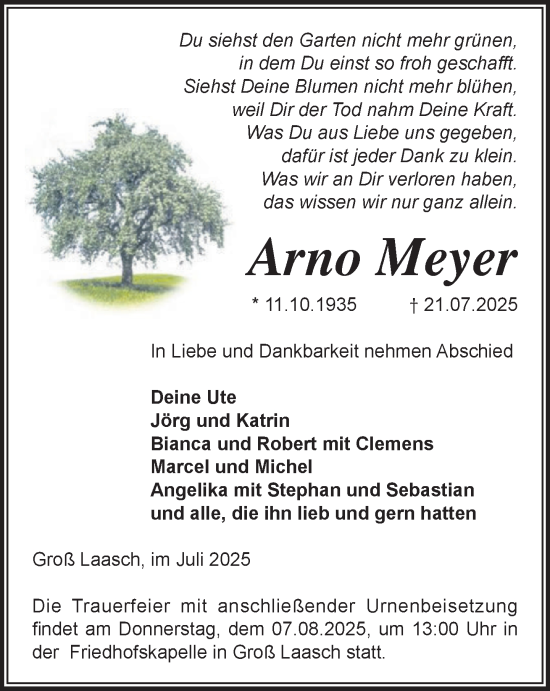 Traueranzeige von Arno Meyer von Ludwigsluster Tageblatt