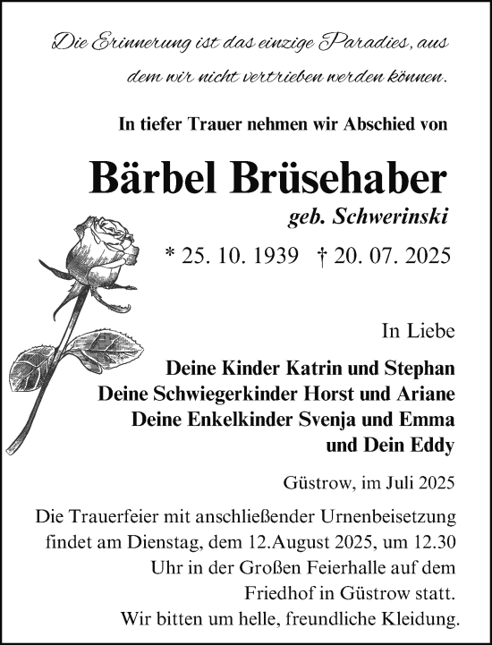 Traueranzeige von Bärbel Brüsehaber von Güstrow und Bützow