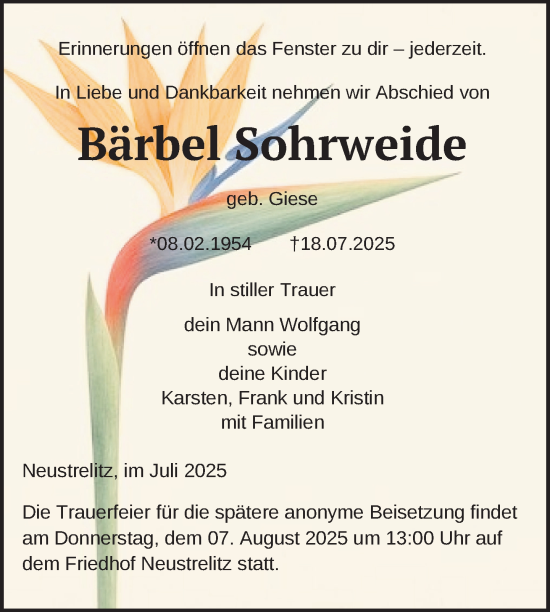 Traueranzeige von Bärbel Sohrweide von Nordkurier Strelitzer Zeitung
