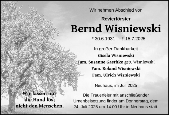 Traueranzeige von Bernd Wisniewski von Hagenower Kreisblatt