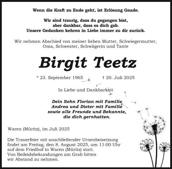Traueranzeige von Birgit Teetz von Nordkurier Müritz-Zeitung