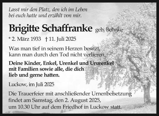 Traueranzeige von Brigitte Schaffranke von Nordkurier Haff-Zeitung