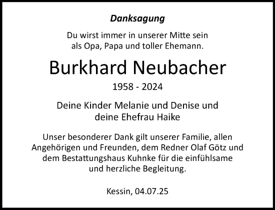 Traueranzeige von Burkhard Neubacher von Norddeutsche Neueste Nachrichten