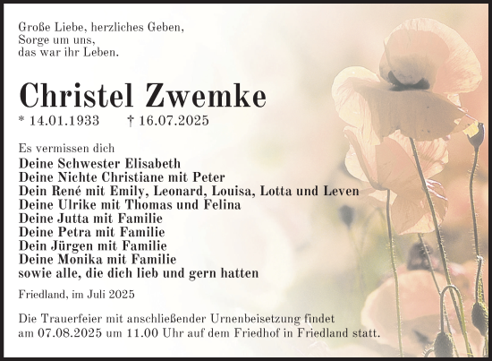 Traueranzeige von Christel Zwemke von Nordkurier Neubrandenburger Zeitung