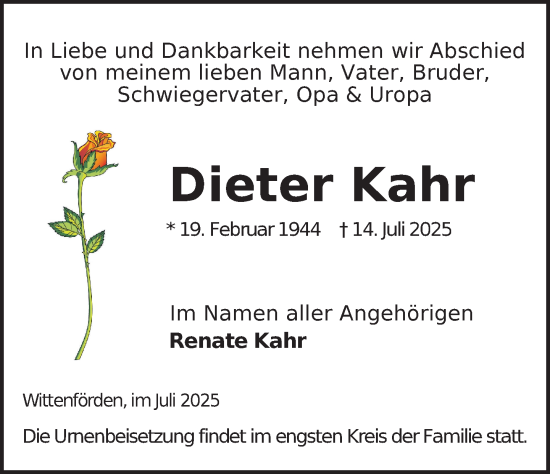 Traueranzeige von Dieter Kahr von Zeitung für die Landeshauptstadt