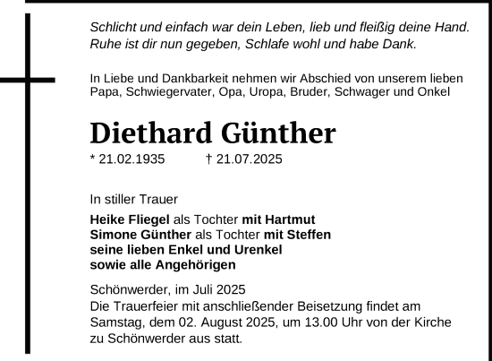 Traueranzeige von Diethard Günther von Uckermark Kurier Prenzlauer Zeitung