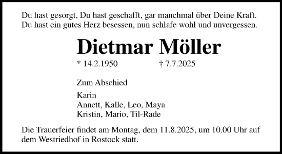 Traueranzeige von Dietmar Möller von Norddeutsche Neueste Nachrichten