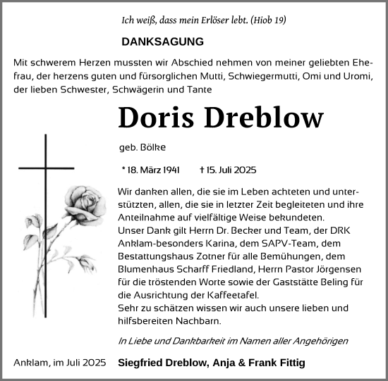 Traueranzeige von Doris Dreblow von Nordkurier Vorpommern Kurier