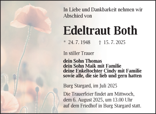 Traueranzeige von Edeltraut Both von Nordkurier Neubrandenburger Zeitung