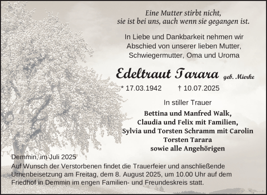 Traueranzeige von Edeltraut Tarara von Nordkurier Demminer Zeitung