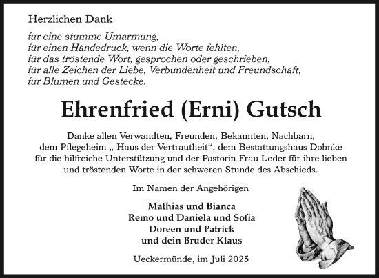 Traueranzeige von Ehrenfried Gutsch von Nordkurier Haff-Zeitung