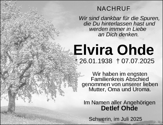 Traueranzeige von Elvira Ohde von Zeitung für die Landeshauptstadt