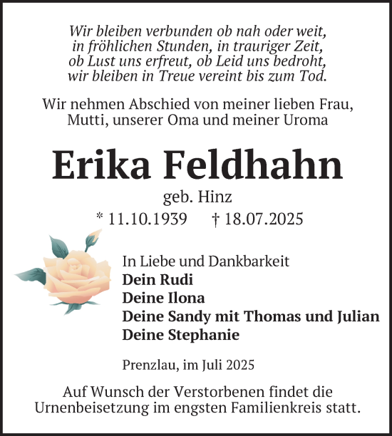 Traueranzeige von Erika Feldhahn von Uckermark Kurier Prenzlauer Zeitung
