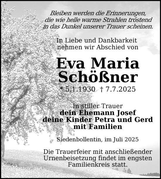 Traueranzeige von Eva Maria Schößner von Nordkurier Neubrandenburger Zeitung