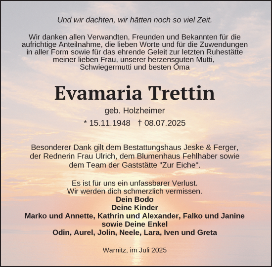 Traueranzeige von Evamaria Trettin von Uckermark Kurier Prenzlauer Zeitung
