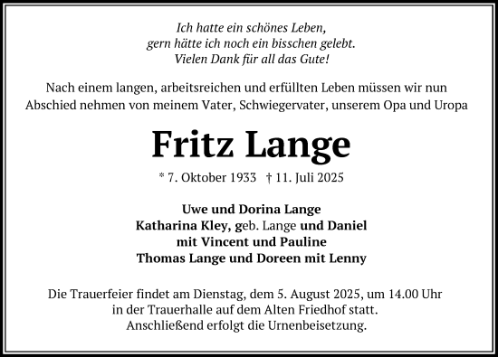 Traueranzeige von Fritz Lange von Zeitung für die Landeshauptstadt