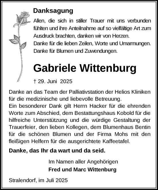 Traueranzeige von Gabriele Wittenburg von Zeitung für die Landeshauptstadt