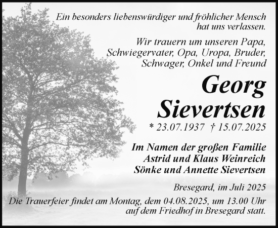 Traueranzeige von Georg Sievertsen von Hagenower Kreisblatt