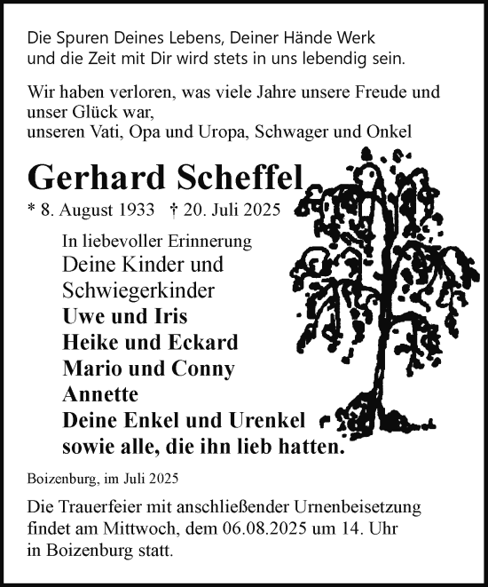 Traueranzeige von Gerhard Scheffel von Hagenower Kreisblatt