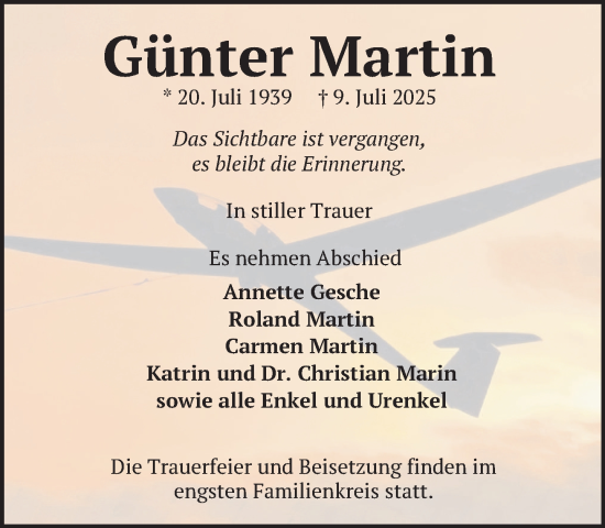 Traueranzeige von Günter Martin von Zeitung für die Landeshauptstadt