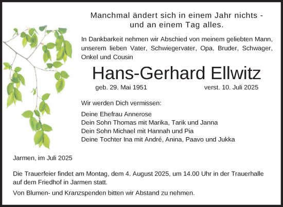 Traueranzeige von Hans-Gerhard Ellwitz von Nordkurier Vorpommern Kurier