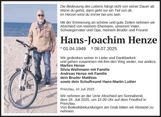 Traueranzeige von Hans-Joachim Henze von Uckermark Kurier Prenzlauer Zeitung