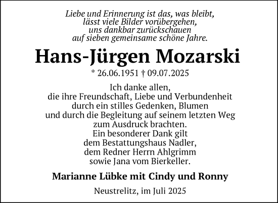 Traueranzeige von Hans-Jürgen Mozarski von Nordkurier Strelitzer Zeitung