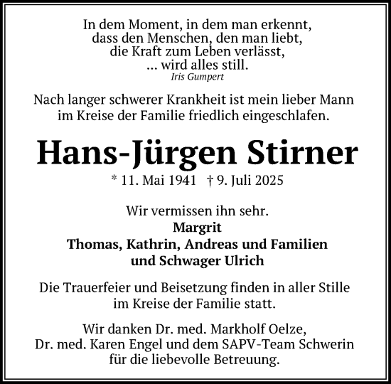 Traueranzeige von Hans-Jürgen Stirner von Zeitung für die Landeshauptstadt
