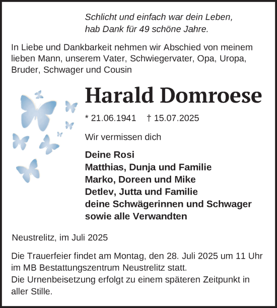 Traueranzeige von Harald Domroese von Nordkurier Strelitzer Zeitung