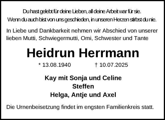 Traueranzeige von Heidrun Herrmann von Nordkurier Neubrandenburger Zeitung