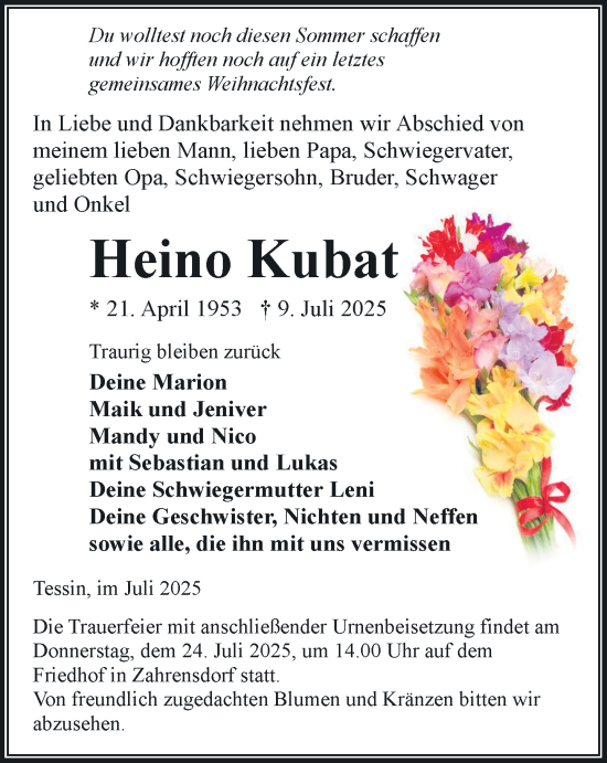 Traueranzeige von Heino Kubat von Hagenower Kreisblatt