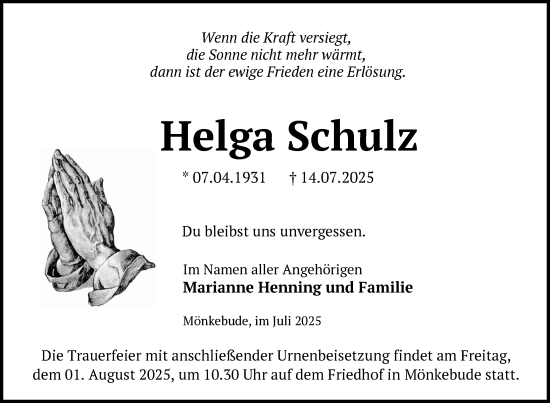 Traueranzeige von Helga Schulz von Nordkurier Haff-Zeitung