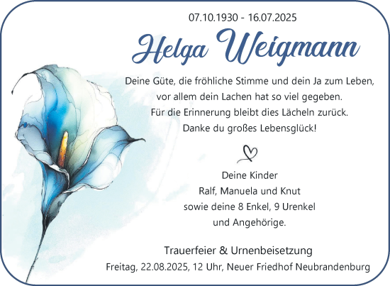 Traueranzeige von Helga Weigmann von Nordkurier Neubrandenburger Zeitung