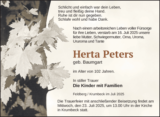 Traueranzeige von Herta Peters von Nordkurier Strelitzer Zeitung
