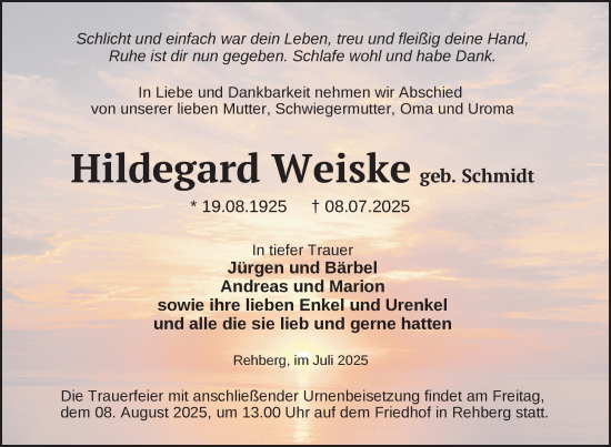 Traueranzeige von Hildegard Weiske von Nordkurier Strelitzer Zeitung