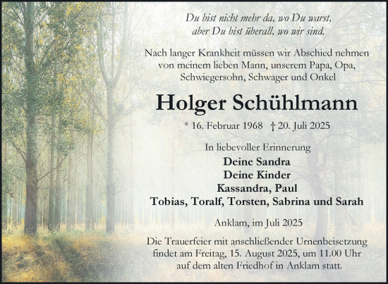 Traueranzeige von Holger Schühlmann von Nordkurier Vorpommern Kurier