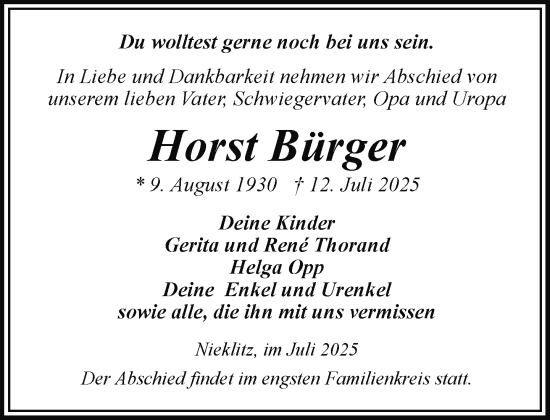 Traueranzeige von Horst Bürger von Hagenower Kreisblatt