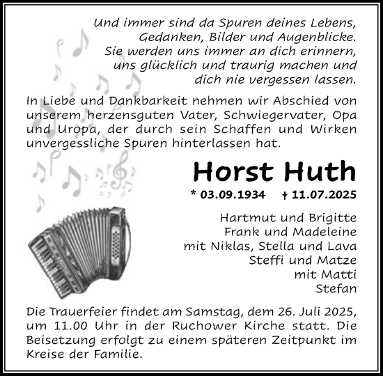 Traueranzeige von Horst Huth von Anzeiger für Sternberg - Brüel - Warin