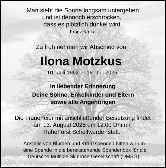 Traueranzeige von Ilona Motzkus von Zeitung für die Landeshauptstadt