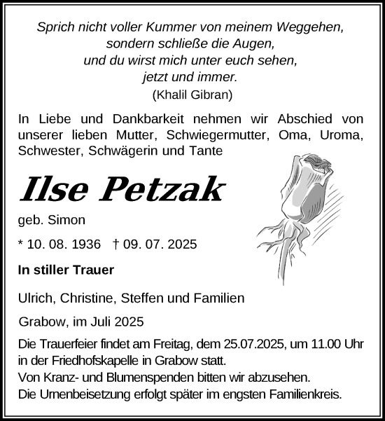 Traueranzeige von Ilse Petzak von Ludwigsluster Tageblatt