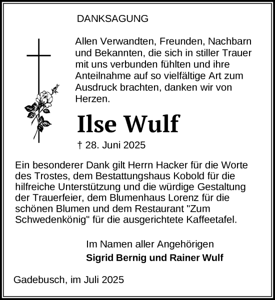 Traueranzeige von Ilse Wulf von Gadebusch - Rehnaer Zeitung